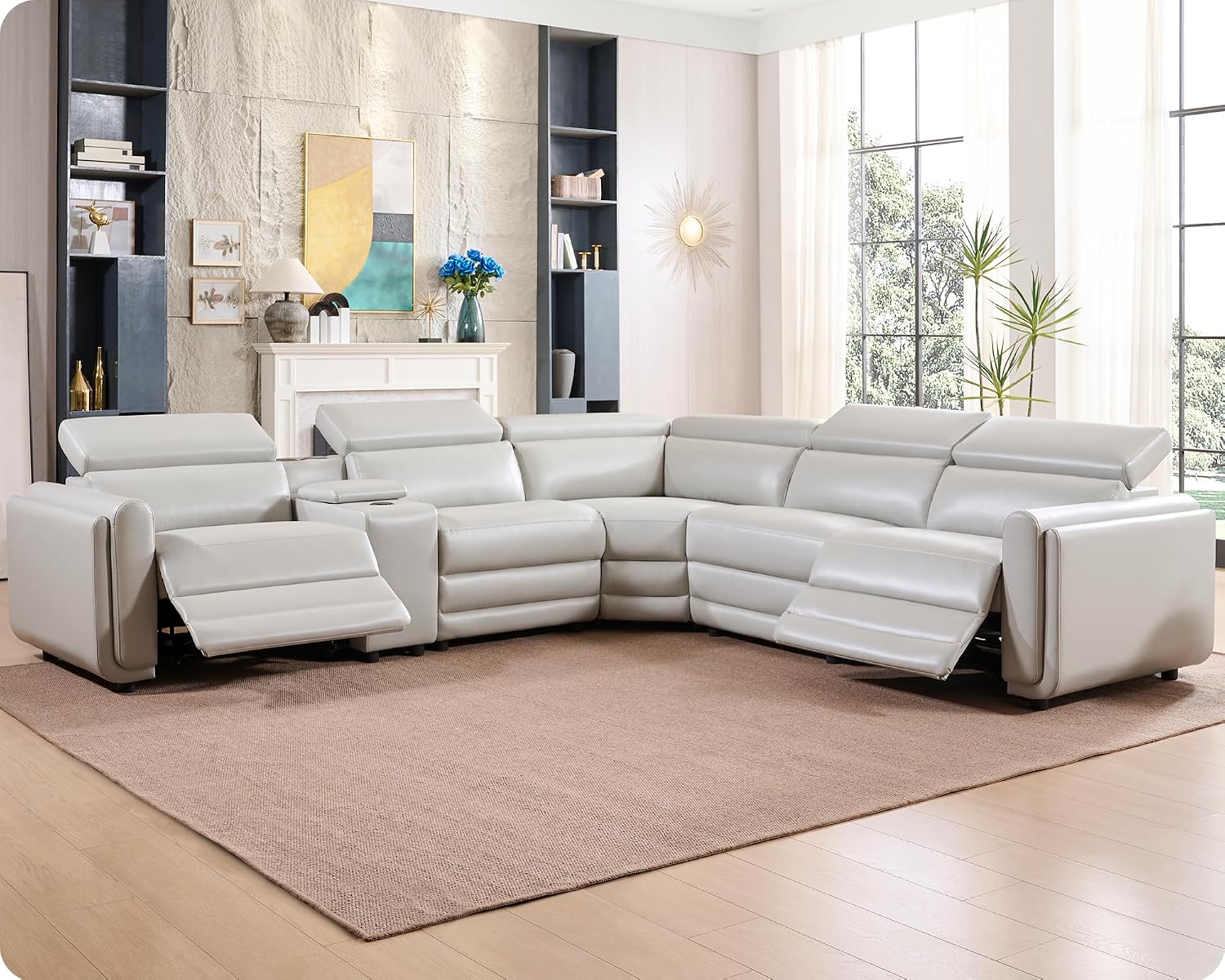 Amerlife Power Recliner Sectional Sofa, Reclining Sofa with Storage/USB Port, Leather Recliner Sofa with Adjustable Headrest, 5-Seat Reclining Sectional Couches with Console and Cup Holder, Light Grey
