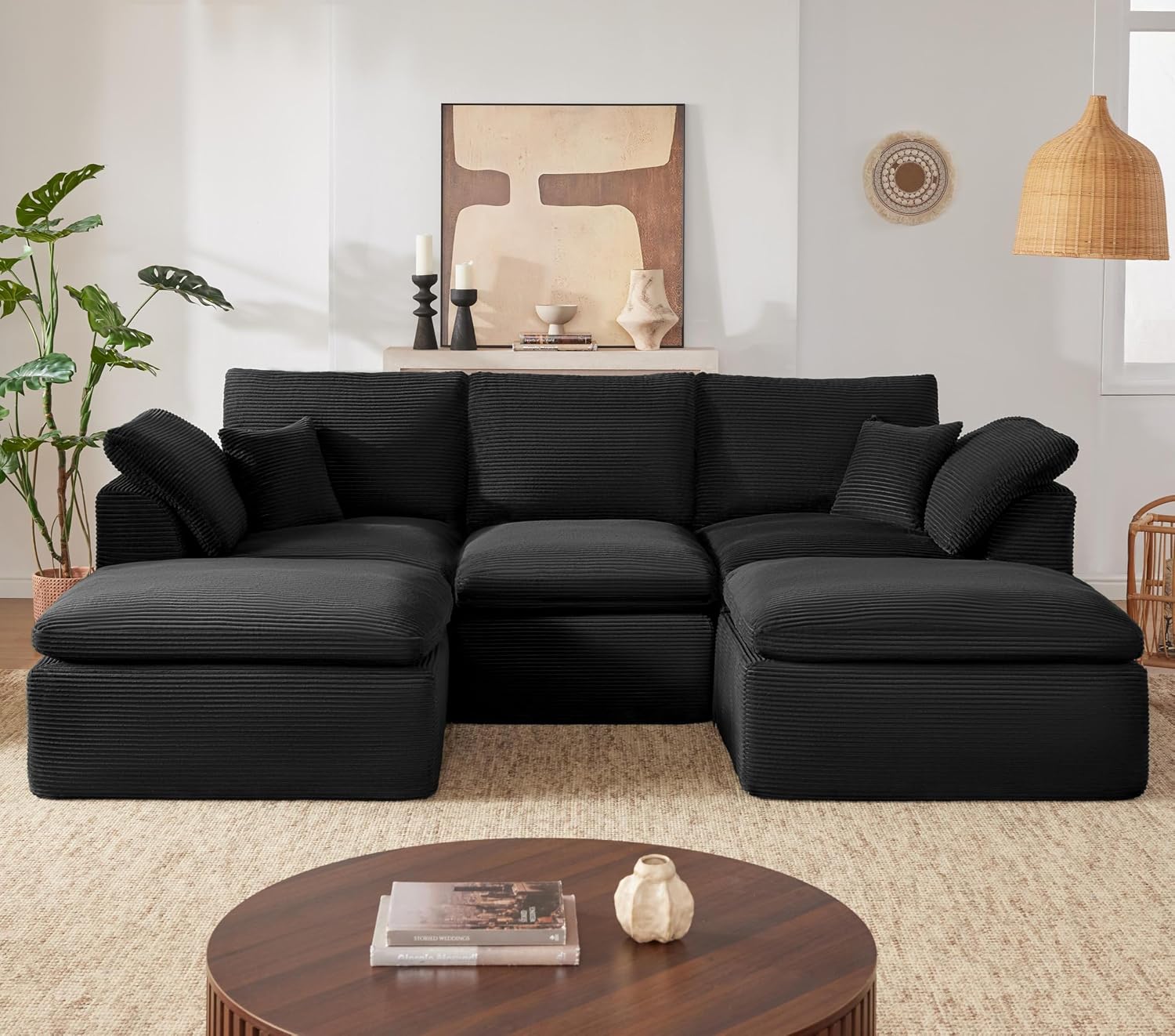 112' Cloud Sectional Couch, Boneless Couches for Living Room, U Shaped Couch with Convertible Ottoman, Modular Sectional Sofa with Deep Seat, Comfy Soft Cushions, No Assembly, Black