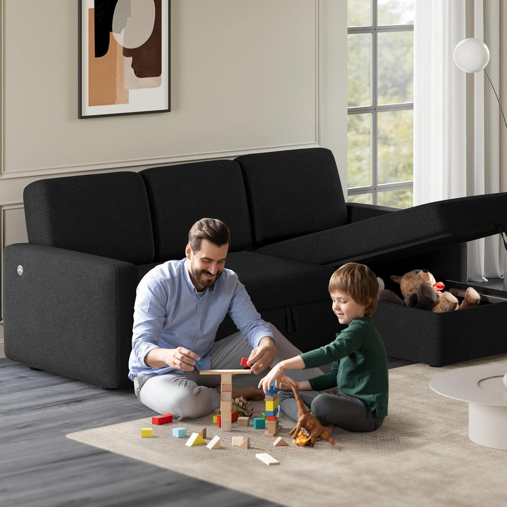 Yaheetech Sectional Sofa L-Shaped Sofa Couch Bed w/Chaise & USB, Reversible Couch Sleeper w/Pull Out Bed & Storage Space Living Room Black