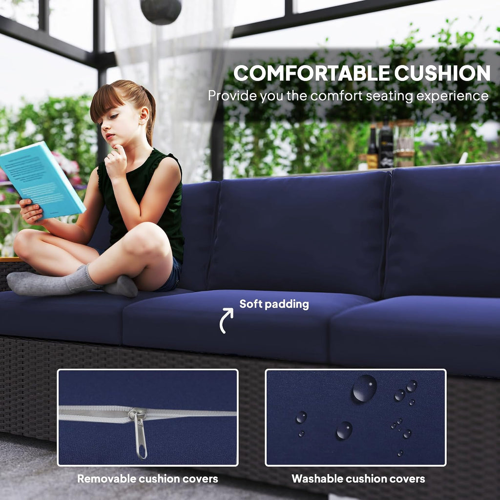 Outsunny 3-Seat Outdoor Patio Sofa with 24.5' Extra Wide Deep Seats, PE Wicker Sofa with Wide Wood Effect Armrests and 4' Cushions, Rattan Outdoor Couch for Porch, Garden, Poolside, Navy Blue