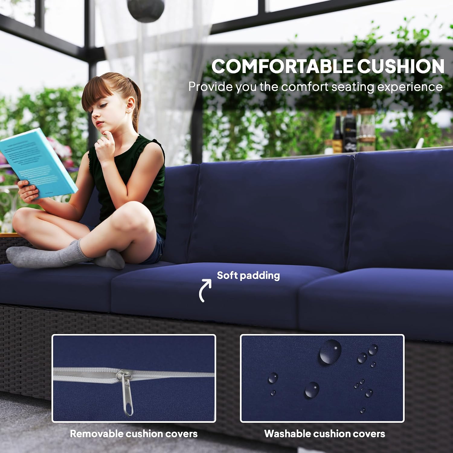 Outsunny 3-Seat Outdoor Patio Sofa with 24.5' Extra Wide Deep Seats, PE Wicker Sofa with Wide Wood Effect Armrests and 4' Cushions, Rattan Outdoor Couch for Porch, Garden, Poolside, Navy Blue