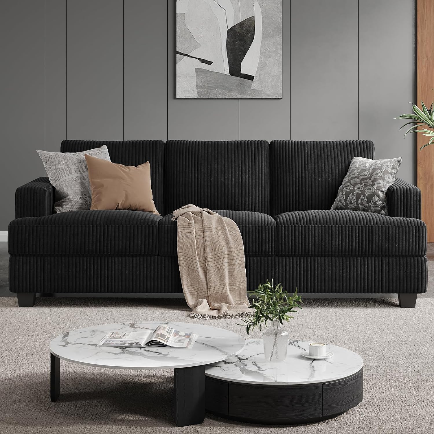 COPIAE 89 Inch Sofa with Extra Deep Seats Oversize, 3 Seater Sofa for Living Room, Modern Couch and Sofa, Comfy Armrests and Seats and Backrests, Easy Installation,Wide Corduroy Fabric Black
