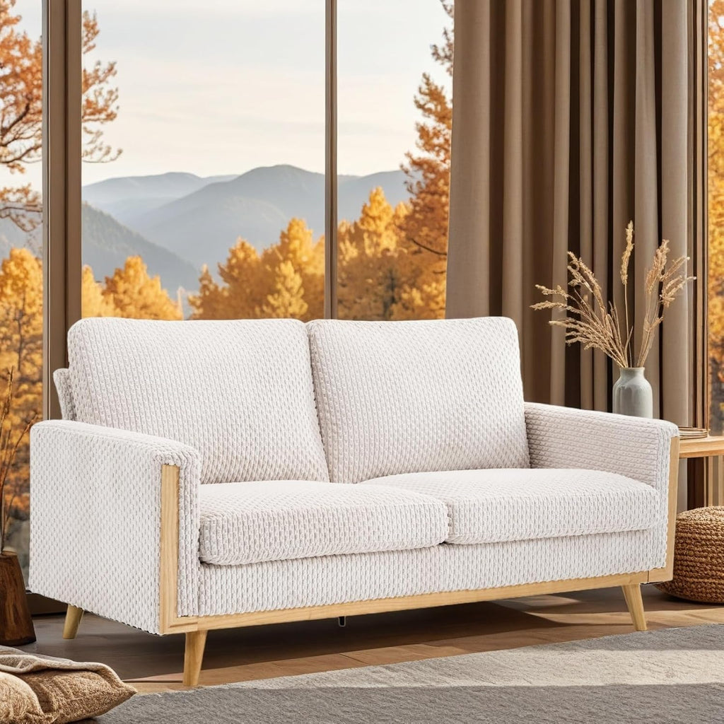 VINGLI 68' W Comfortable Mid Century Loveseat, Two Seater Sofa with Spring Support & Solid Wood Frame, Corduroy Fabric Small Couch for Living Room, Small Space, Bedroom, White