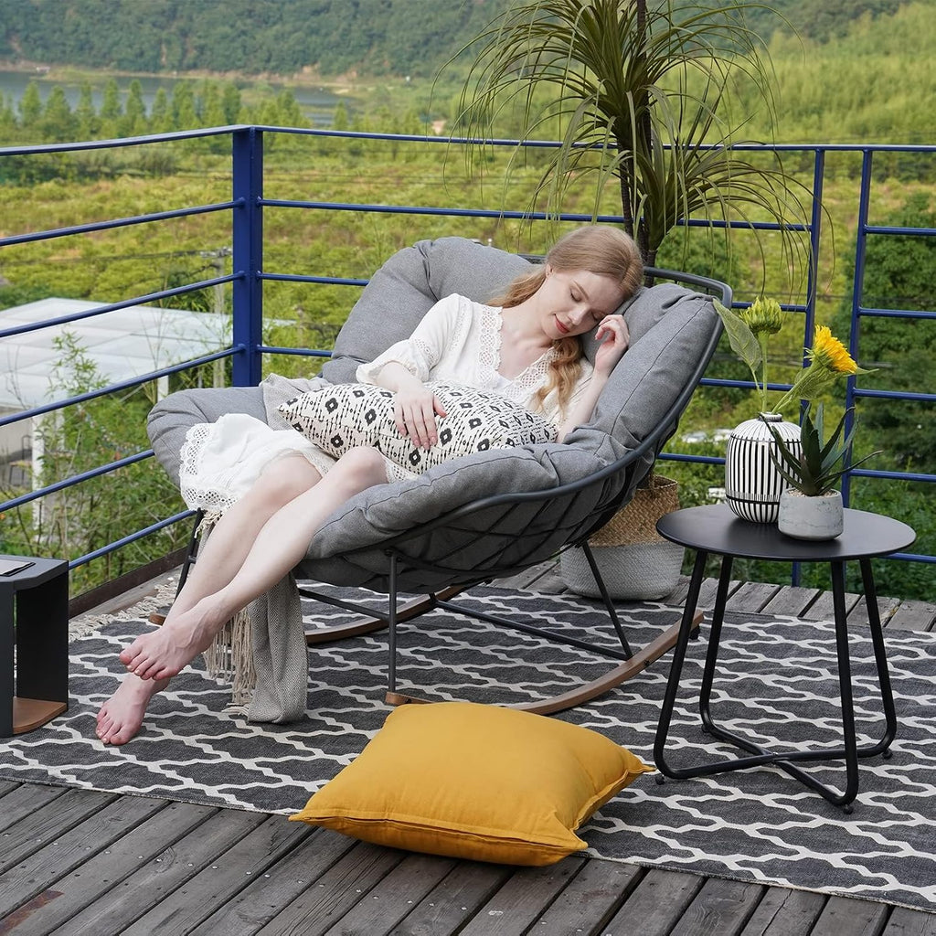 Grand patio Outdoor Rocking Chair with Small Side Table, E-Coated Papasan Rocker Recliner Chair with Comfy Cushion, Patio Furniture Set for Porch Deck Backyard