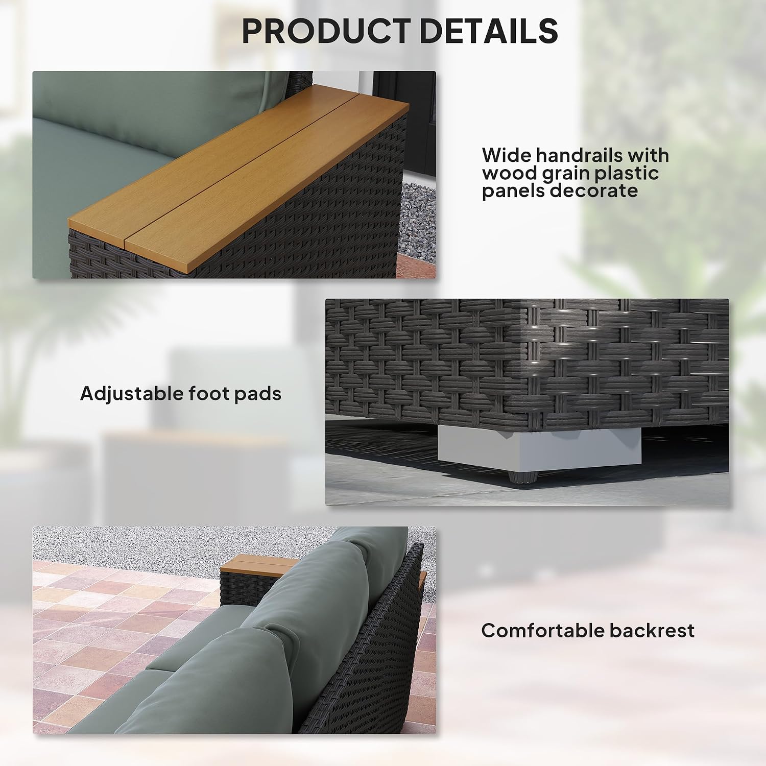Outsunny 3-Seat Outdoor Patio Sofa with 24.5' Extra Wide Deep Seats, PE Wicker Sofa with Wide Wood Effect Armrests and 4' Cushions, Rattan Outdoor Couch for Porch, Garden, Poolside, Dark Gray