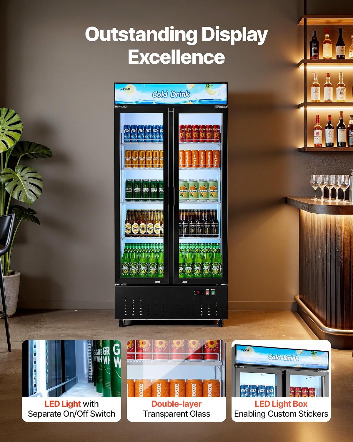 VEVOR Commercial Merchandiser Refrigerator, 20.8 Cu.Ft / 590L Upright Beverage Cooler, 2 Glass Door Display Refrigerator with Customizable Lightbox, 8 Adjustable Shelves, Soft LED Lighting & Casters