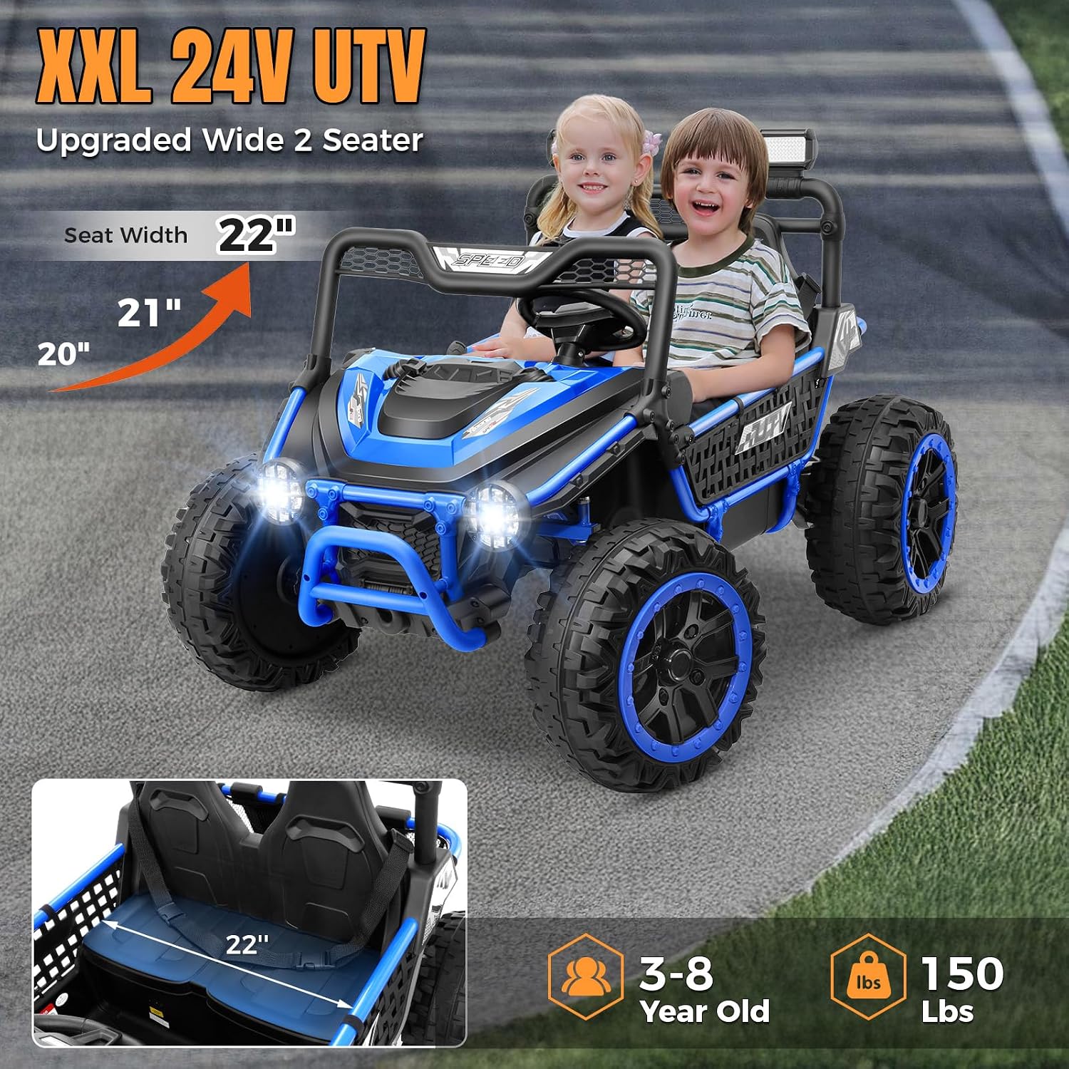 Hikole 24V Ride on Toy Car for Big Kids 4-8, XL Kids UTV 2 Seater with Remote Control, 22' Spacious Seat, MP3 & USB, 3 Speed, Storage, Electric Power Wheels for Boys Girls, Blue