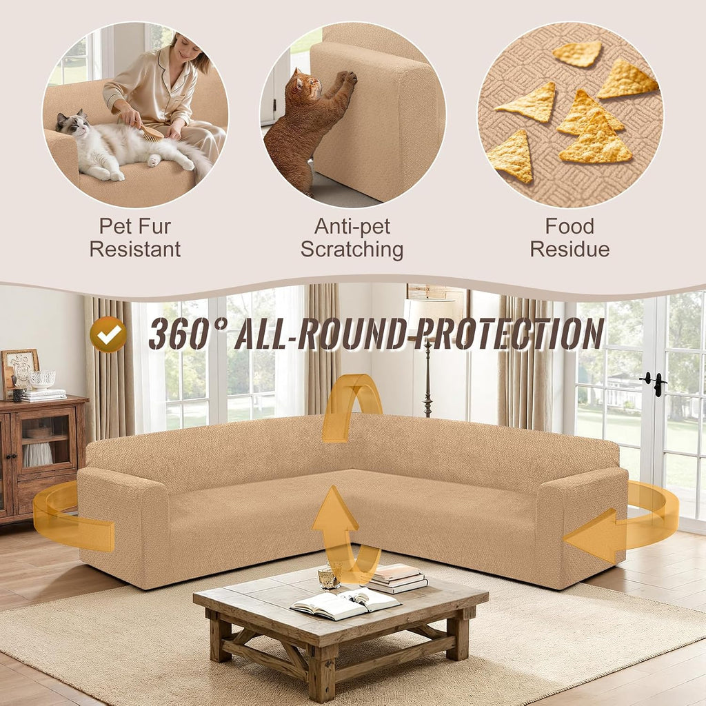 HDCAXKJ Sectional Couch Cover L Shape Stretch Sofa Covers Washable Jacquard Corner Couch Slipcover Non Slip Sectional Slip Cover U Shaped Furniture Protector for Pets Dogs (Apricot, X-Large)