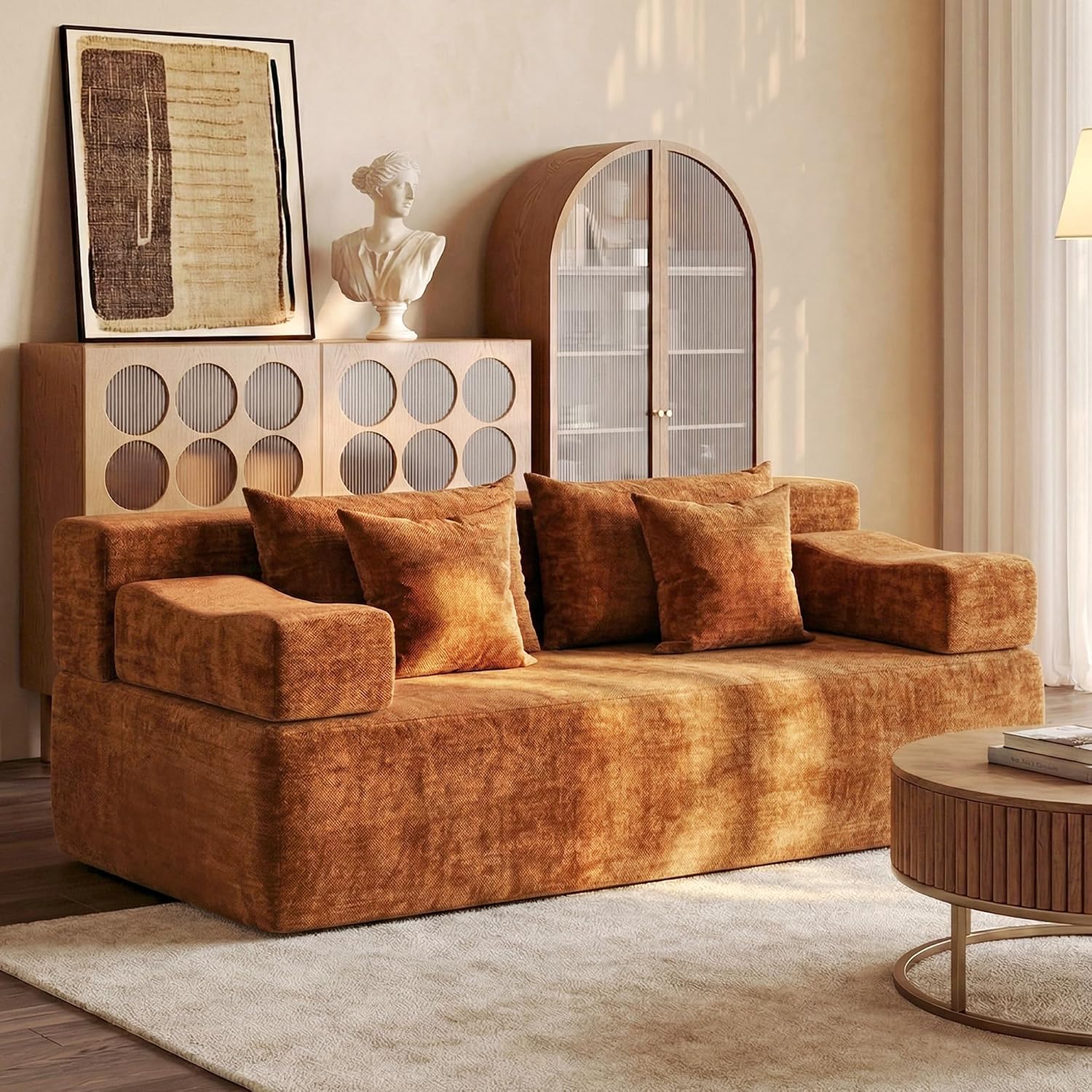 MONVANE 70' Loveseat Sofa with Removable Armrests, Comfy Chenille Cloud Couch with 4 Pillows, Modern Deep Seat Boneless Couch, 2 Seater Sofa for Living Room, No Assembly Required, Orange