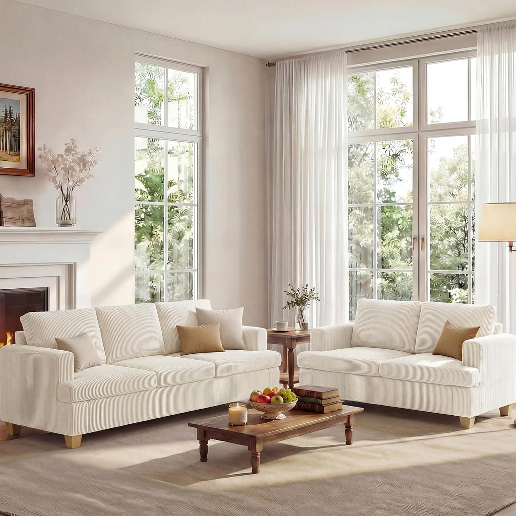 Apicizon Loveseat & 3 Seater Sofa Sets, 89' Couch Sofa Set for Living Room Furniture Sets, 2 Piece Deep Seat Sleeper Sofa, Couch and Loveseat Sets for Apartment, White Corduroy