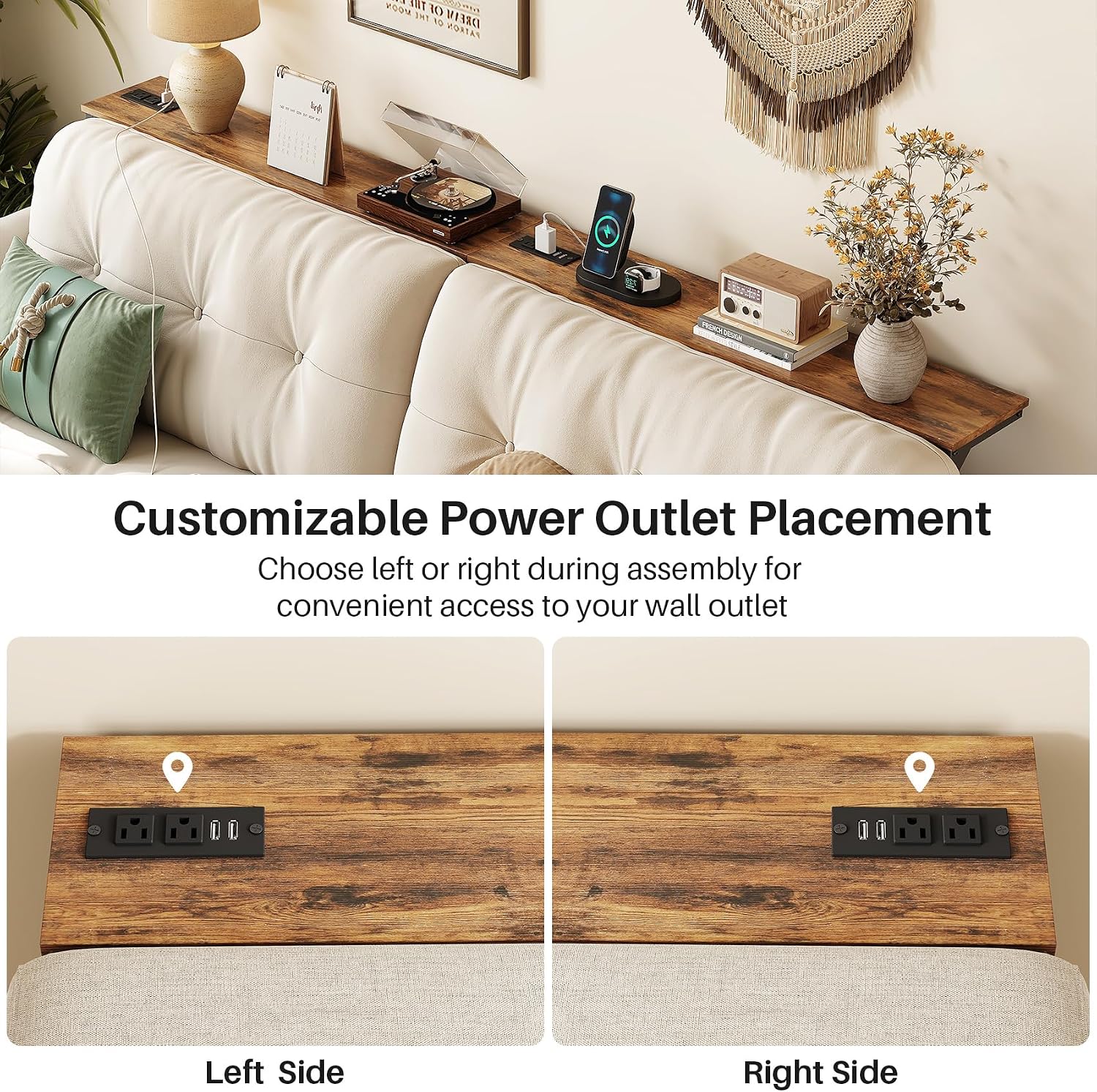 Kitstorack 2-Pack Rustic Brown Console Table, 7.9' Deep Panel, Adjustable Height (25'-33') & Built-in Power Outlets, Behind Sofa Couch, Includes 4.9' Power Cord - 78.8' Total Long