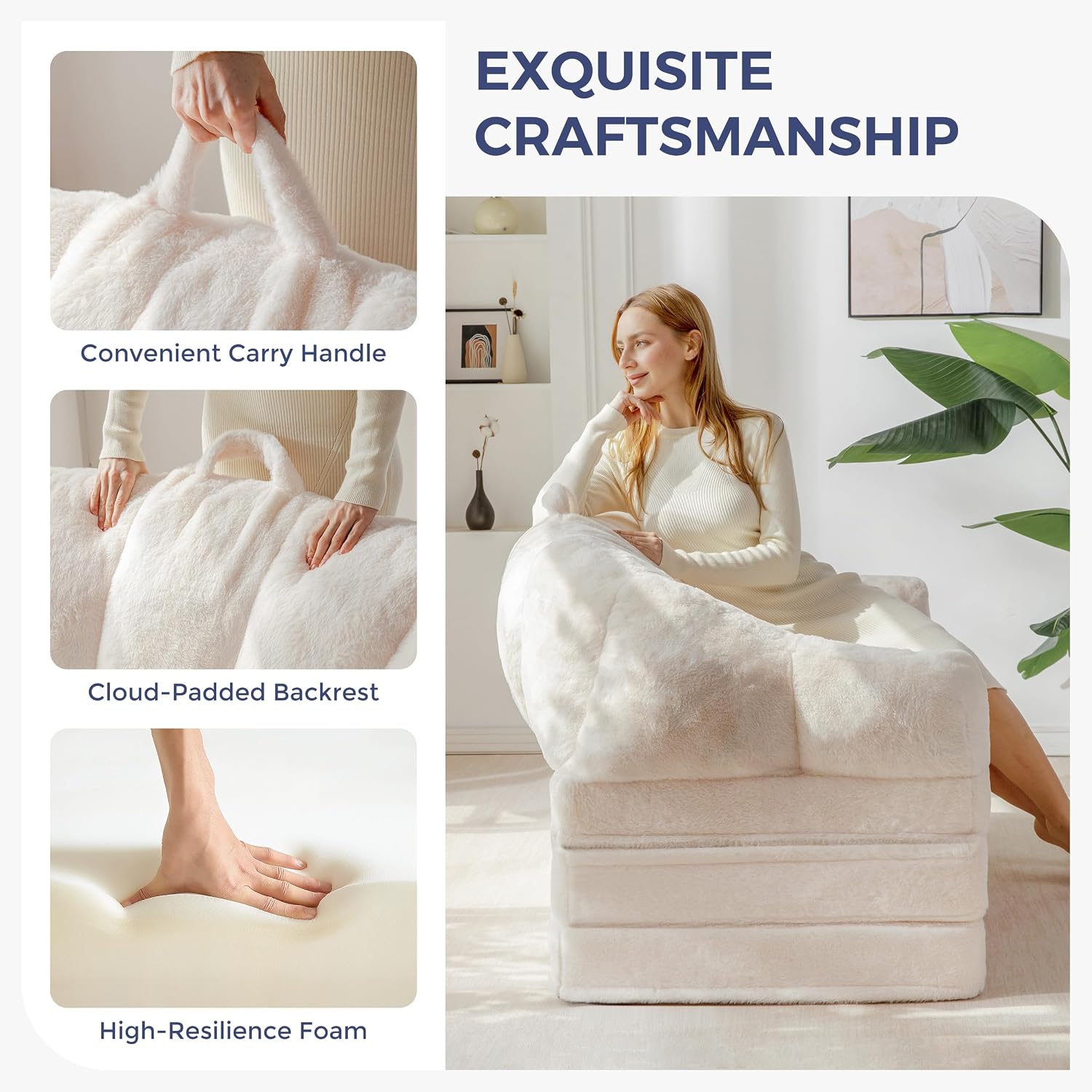MAXYOYO Folding Sofa Bed, 2 in 1 Convertible Sofa to Lounger Comfy Loveseat Bean Bag Chair for Adults, Floor Sleeper Couch with Handle, Faux Fur Couch Bed for Living Room Bedroom, Beige, Loveseat