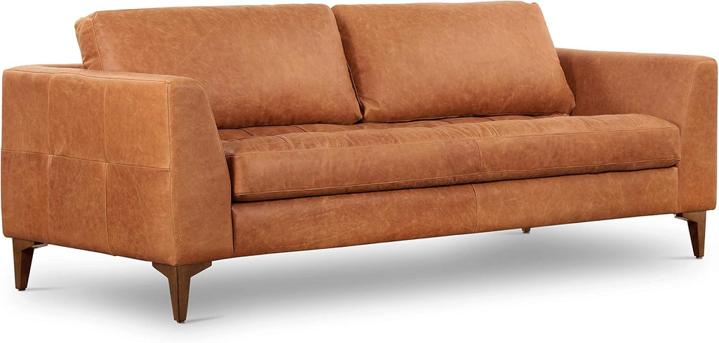 Poly & BARK Calle 90' Sofa Full-Grain Pure-Aniline Italian Leather in Cognac Tan, Solid Wood Legs