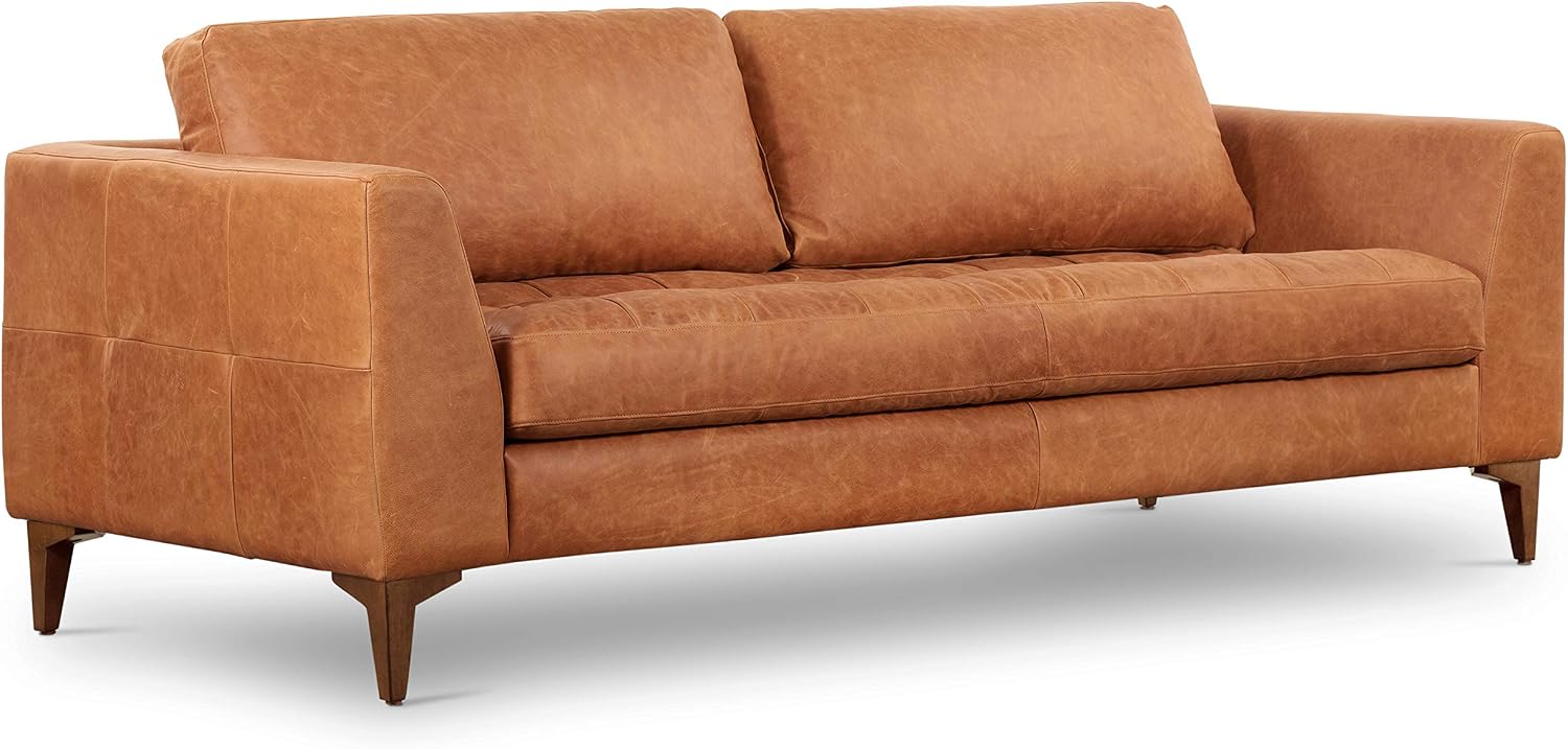 Poly & BARK Calle 90' Sofa Full-Grain Pure-Aniline Italian Leather in Cognac Tan, Solid Wood Legs