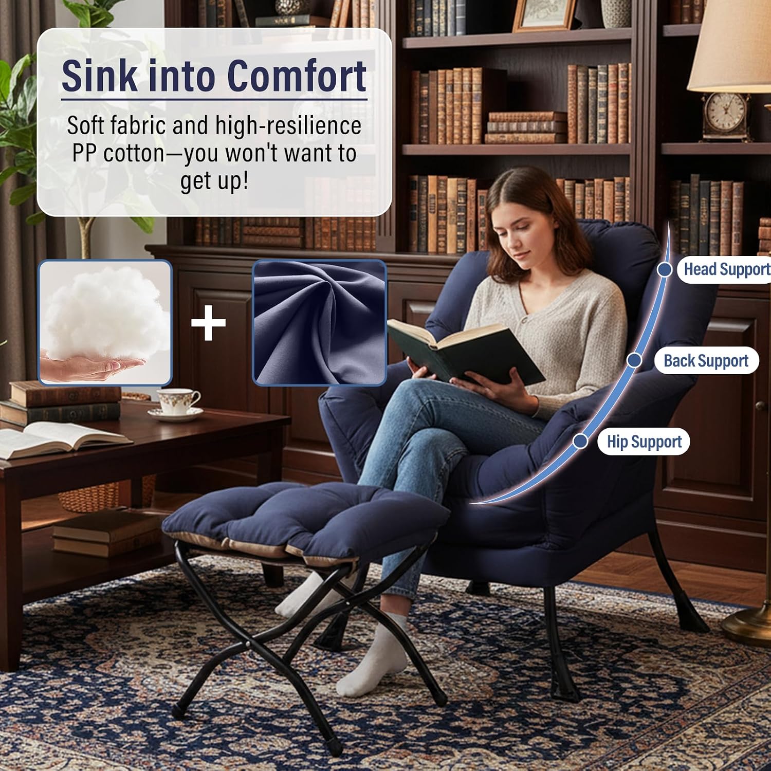 Furlide Lazy Chair with Ottoman, Modern Accent Chairs with Folding Footrest, Navy Blue Sofa Chair Set, Comfortable Reading Chairs, Oversized Armchairs for Bedroom, Study, Living Room, Courtyard