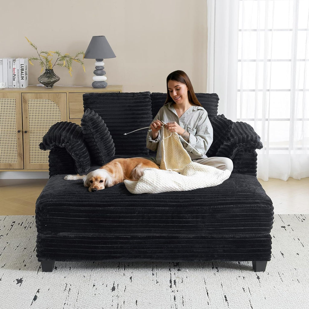 VINGLI 56' Oversized Chaise Lounge Chair, Black Comfy Corduroy Chaise Sofa Recliner Bed Upholstered Sleeper Couch Bed with Throw Pillows and Armrests for Living Room, Movie Room, Bedroom