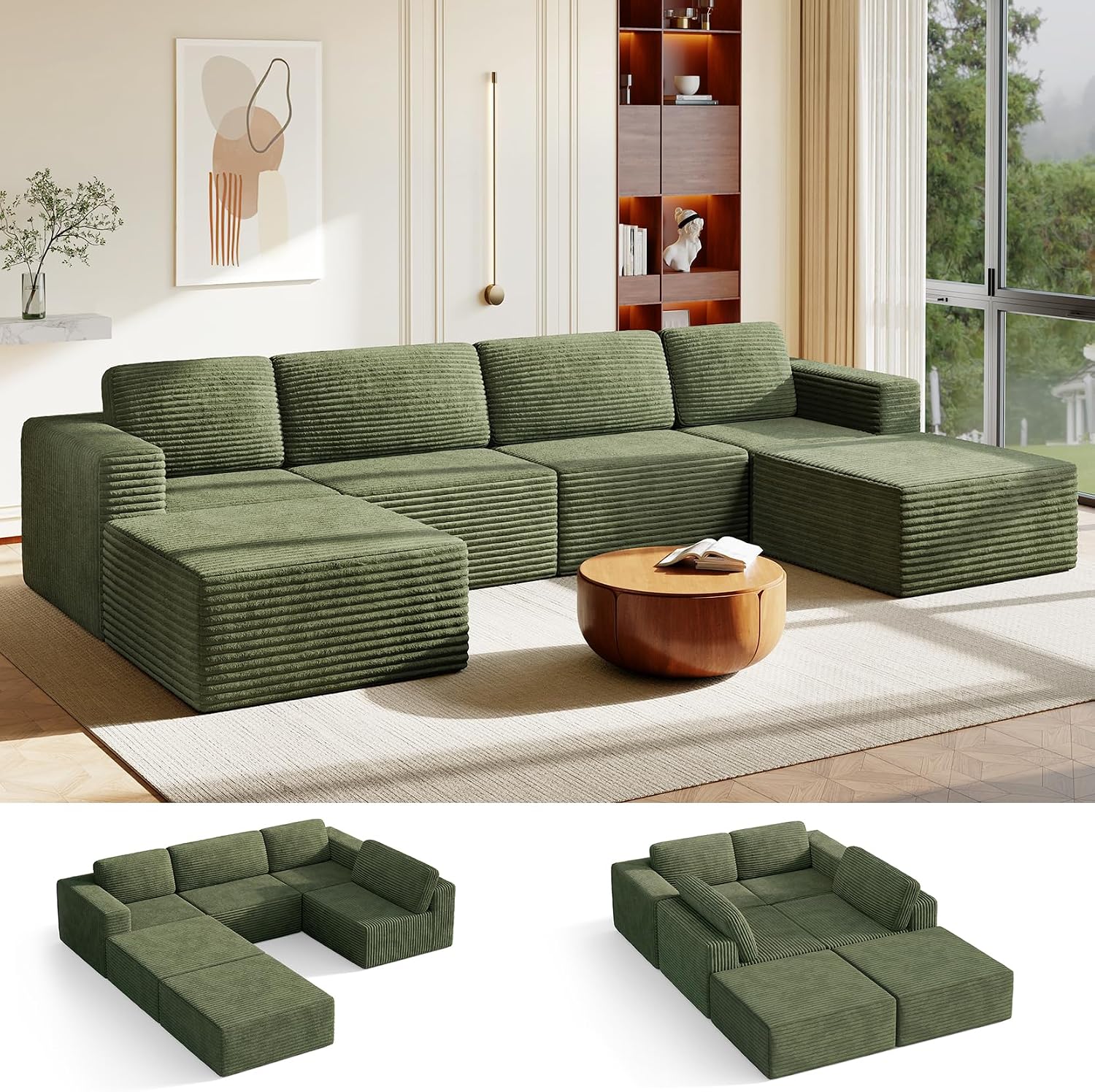 Vesgantti 159' Large Modular Sectional Sofa, U-Shaped Corduroy Cloud Couch with Deep Seats & Spring Support, 4-Seater Boneless Sofa with 2 Movable Ottomans, No Assembly Needed, Green