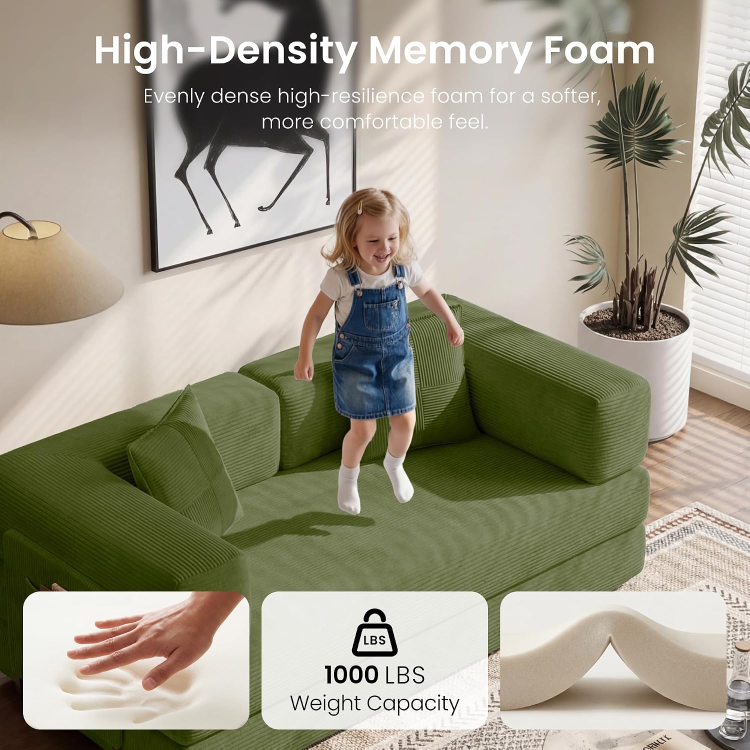 Convertible Floor Sofa Bed | 59'' Folding Futon Sofa with Storage Pocket, Oversized Corduroy Loveseat Sleeper Sofa with Pull Out Bed, Modular Sectional Sofa for Apartment | Green