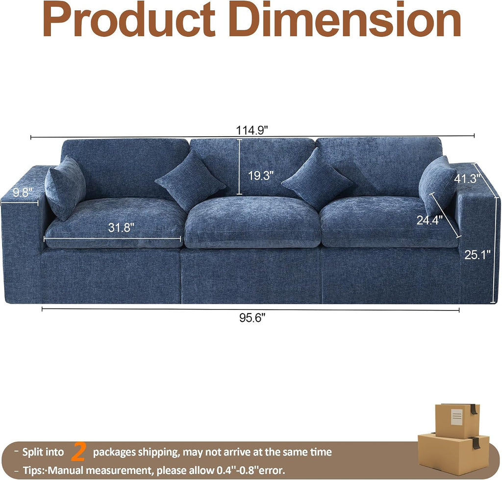 115''Cloud Boneless Sectional Couch, Modular Sectional Sofa Deep Seat, Oversized Upholstered Convertible Comfy 3 Seater Chenille Memory Foam Sofa Couches for Living Room, Blue