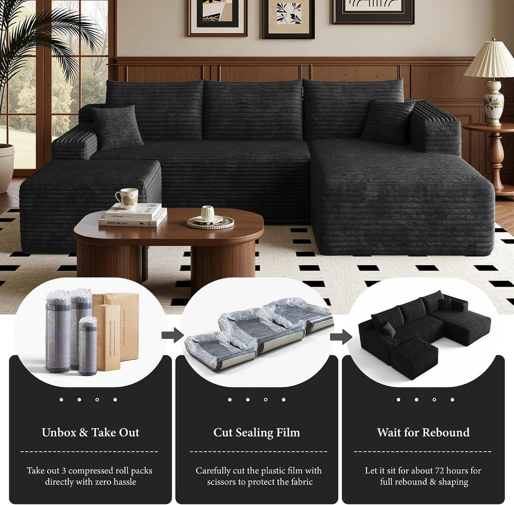 96''Sectional Couches for Living Room,Modern Modular Sectional Sofa,Upholstered Boneless Couch Comfy Cloud Couch with L Shaped Chaise (Black, Upgrade-96''W Right Facing Chaise+Ottoman)