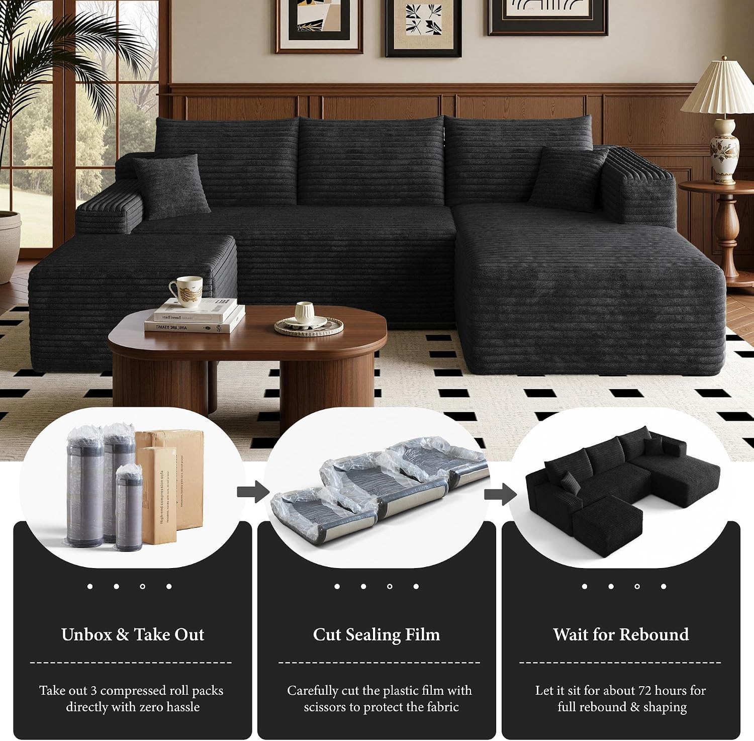 96''Sectional Couches for Living Room,Modern Modular Sectional Sofa,Upholstered Boneless Couch Comfy Cloud Couch with L Shaped Chaise (Black, Upgrade-96''W Right Facing Chaise+Ottoman)