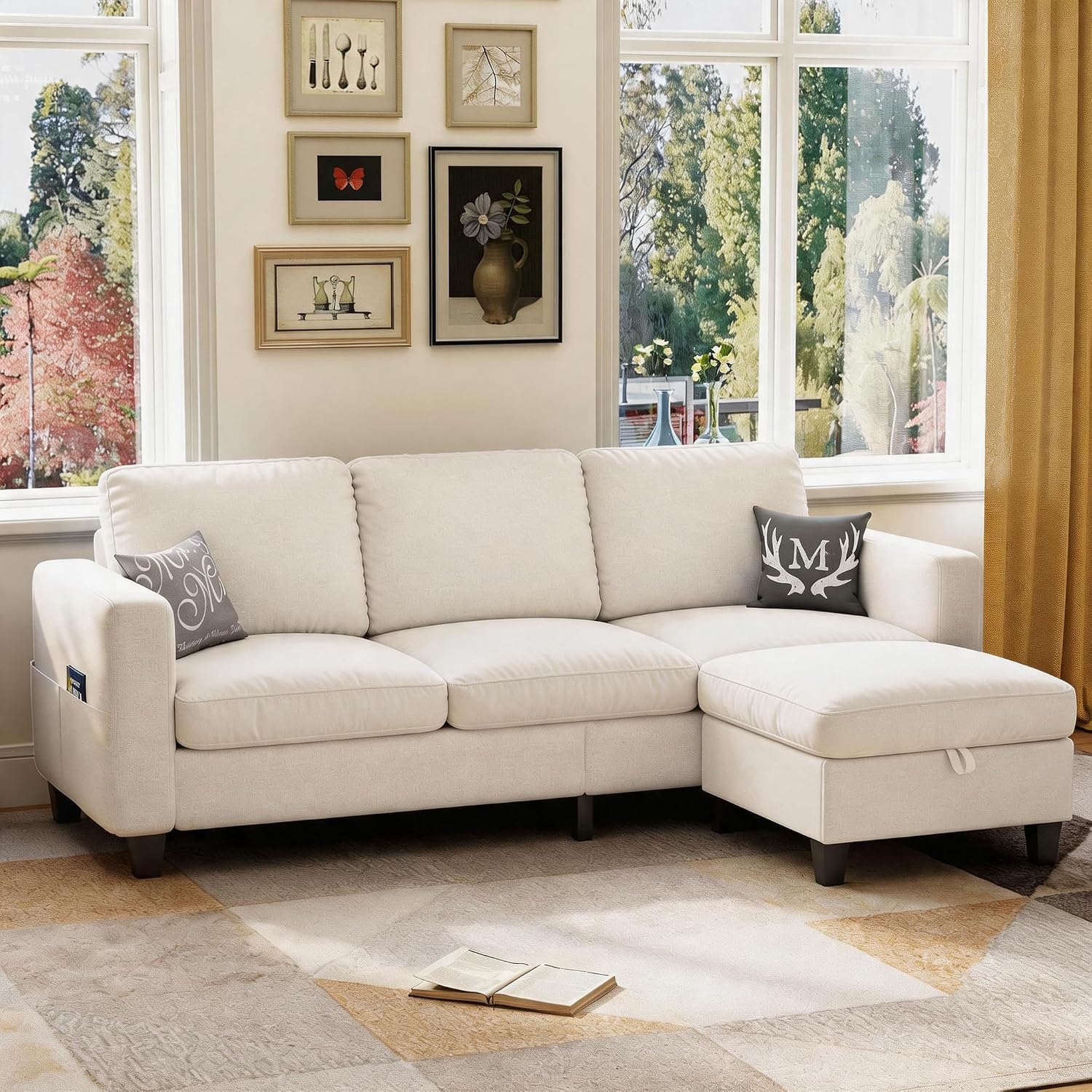 78' Sectional Sofa Couches for Living Room, Beige Convertible L Shaped Couch with Storage Ottoman, Deep Seat Pet-Friendly Linen Fabric Sofa Set for Small Space, Apartment, Dorm