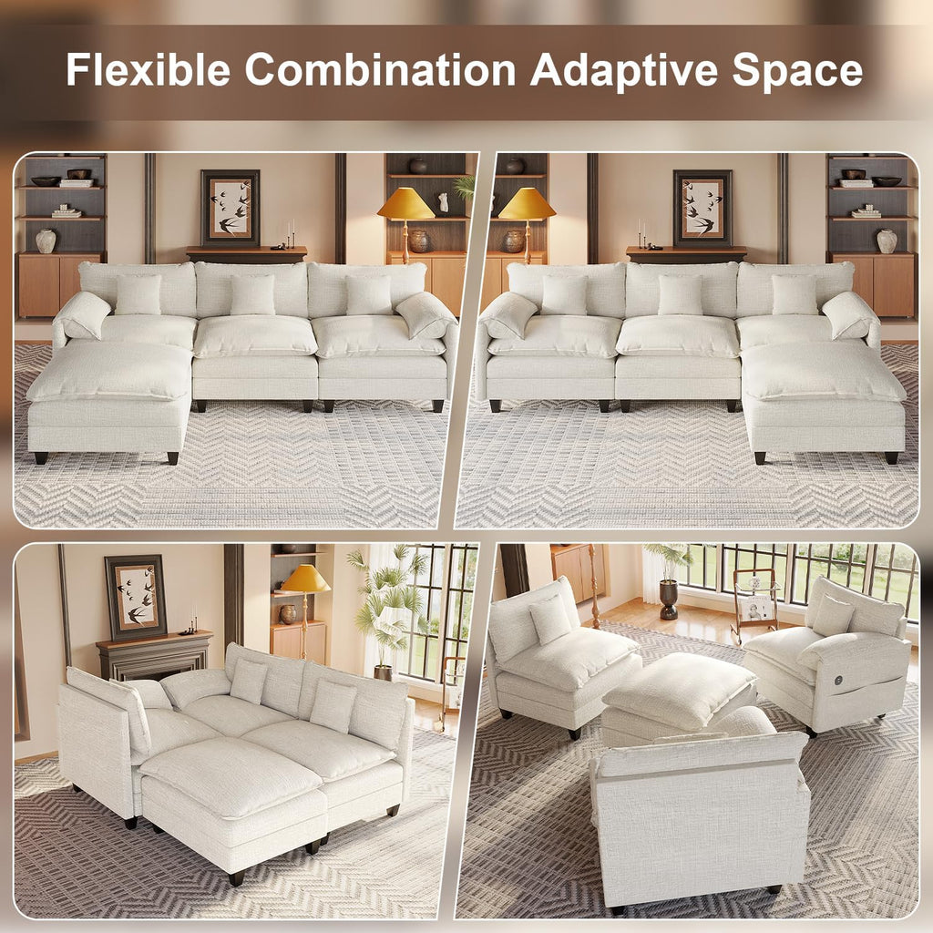 KCGKCG Modular Sectional Sofa, 108' Comfy Cloud Couch with Movable Ottoman | Charging Station | Side Pocket | Throw Pillow, Modern L-Shaped Couches for Living Room, Chenille, White