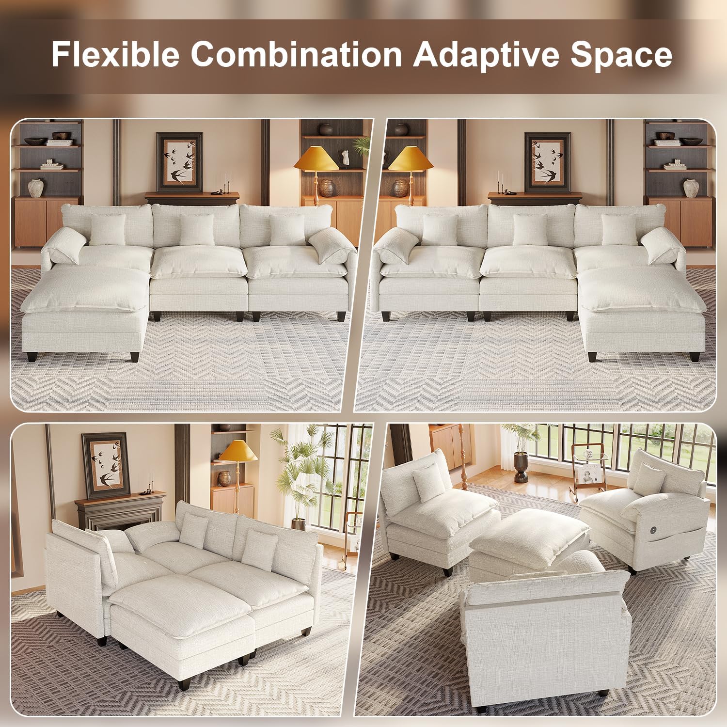 KCGKCG Modular Sectional Sofa, 108' Comfy Cloud Couch with Movable Ottoman | Charging Station | Side Pocket | Throw Pillow, Modern L-Shaped Couches for Living Room, Chenille, White