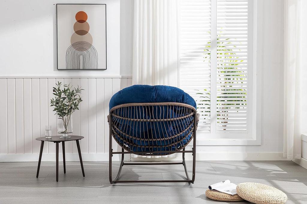 Patio Rocking Chairs, Patio Oversized Egg Rocking Chair,Indoor & Outdoor Upholstered Papasan Chairs, Modern Lounge Chair for Balcony,Living Room Patio, Front Porch, Garden (Navy Blue)