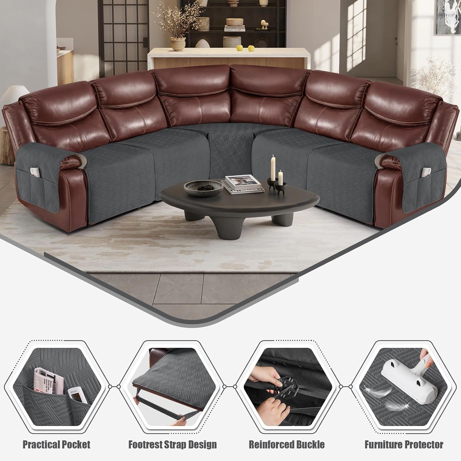 KinCam Waterproof Recliner Sectional Couch Covers, Oversized Reclining Sofa Covers for L Shape Couch, Non Slip Couch Cover for Sofa Washable Slipcover (5 Seat Recliner Cover, Charcoal Gray)