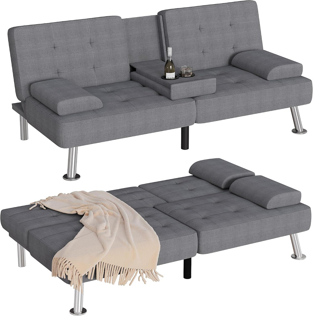 Homall Futon Sofa Bed, Futon Couch with Removable Armrests, Adjustable Recliner Sleeper Sofa Bed with Dual Cup Holders for Living Room, Apartment, Office (Fabric, Dark Grey)