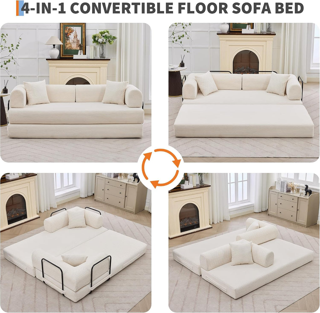 GarveeHome 79' Convertible Sleeper Sofa Bed Couch, 4-in-1 Boneless Corduroy Folding Sofa Bed with Pillow & Fixed-Shape, Floor Mattress Couch Loveseat for Living Room Apartments - No Assembly, Beige