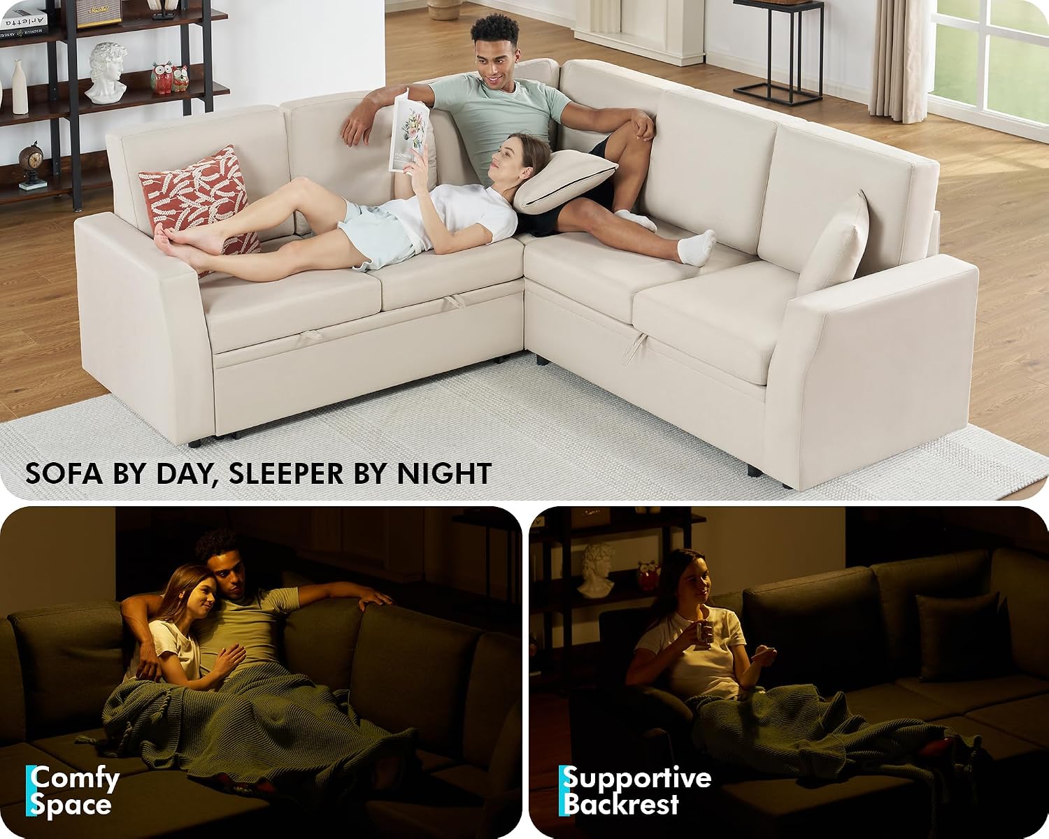 AMERLIFE 85 Inch Sofa Bed, Oversized L Shape Couch with Pull Out Bed & Storage Seat, Oversized Reversible Sleeper Sofa for Living Room Apartment, Beige Linen Couch