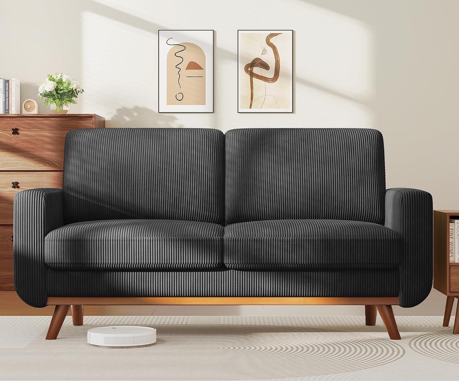 Vesgantti 68' Loveseat Sofa Black, Comfy Corduroy Couch with Spring Cushion and Solid Wood, Modern Extra Deep Seat for Bedroom, Living Room, Office