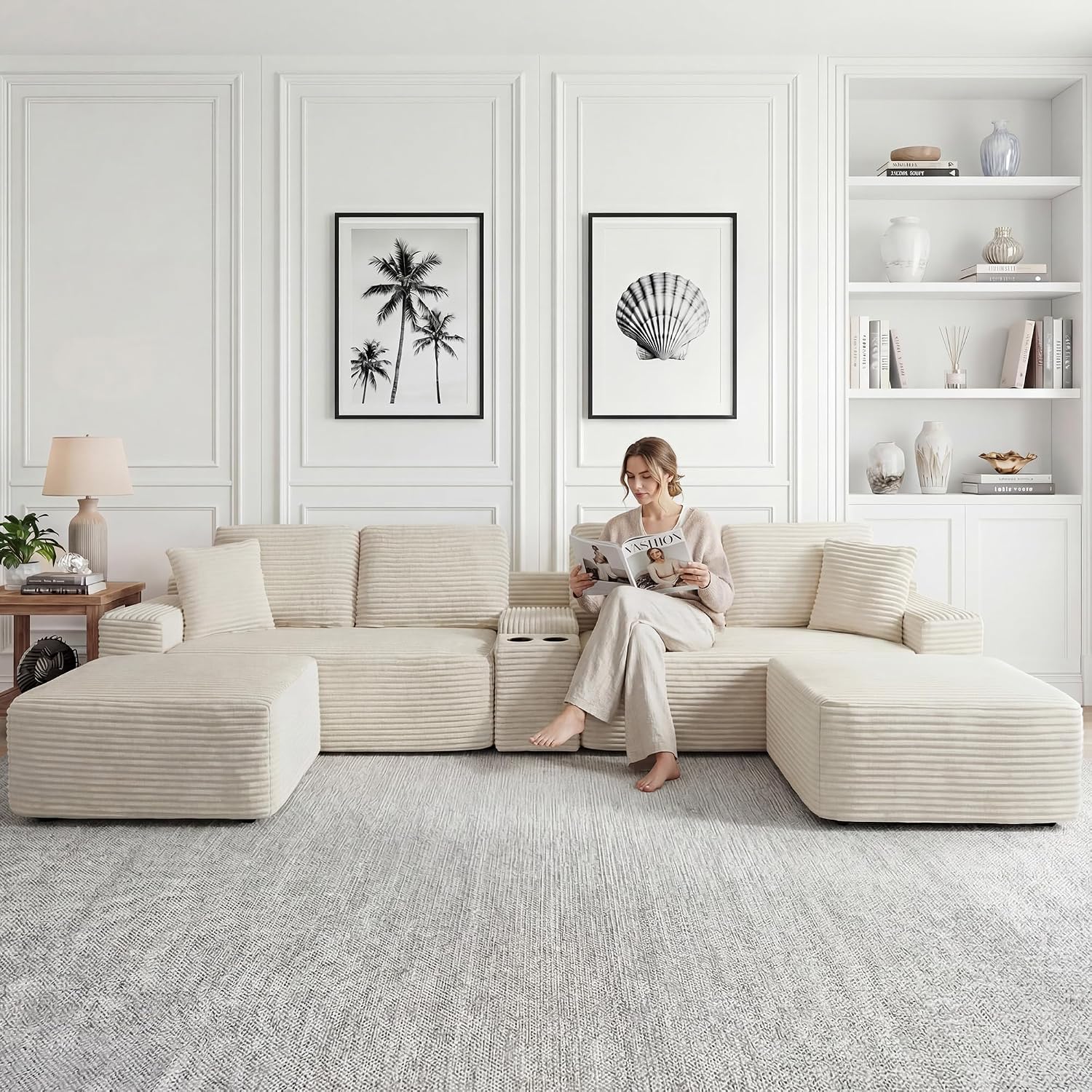 125 Inch Modular Sectional Sofa, Modern Oversized Corduroy Cloud Couch with 2 Ottomans, Cup Holders and USB Ports, U Shape Couch Boneless Couches for Living Room, No Assembly Required, Beige