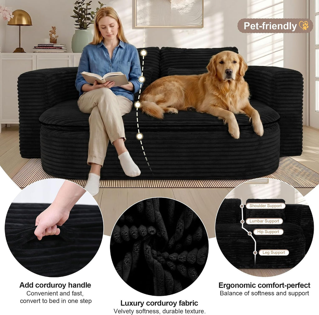 75'' Folding Sleeper Sofa Bed, Convertible Memory Foam Boneless Couch, Foldable Full Size Guest Bed, Modern 2-in-1 Futon Floor Sleeper Sofa with 4 Pillows and Blanket (Corduroy, Black)