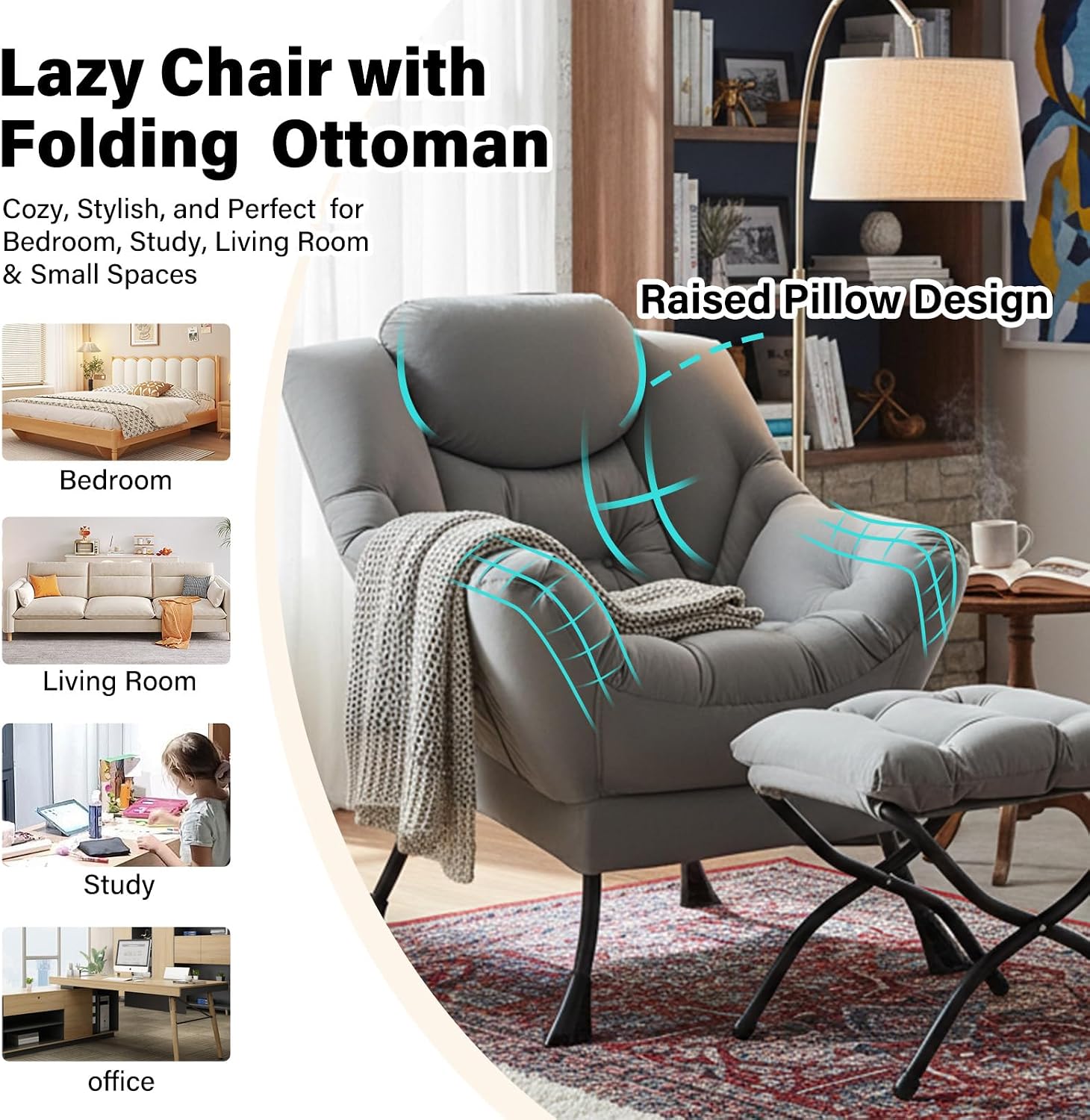 Furlide Lazy Chair with Ottoman, Modern Accent Chairs with Folding Footrest, Light Grey Sofa Chair Set, Comfortable Reading Chairs, Oversized Armchairs for Bedroom, Study, Living Room, Courtyard