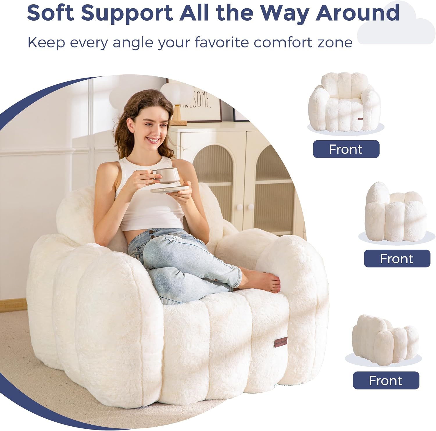 MAXYOYO Bean Bag Chair, Cloud Shaped Bean Bag Sofa for Adults, Soft Stuffed Lazy Floor Sofa with Supportive Filling, Comfy Single Couch for Living Room, Bedroom, Apartment, Beige