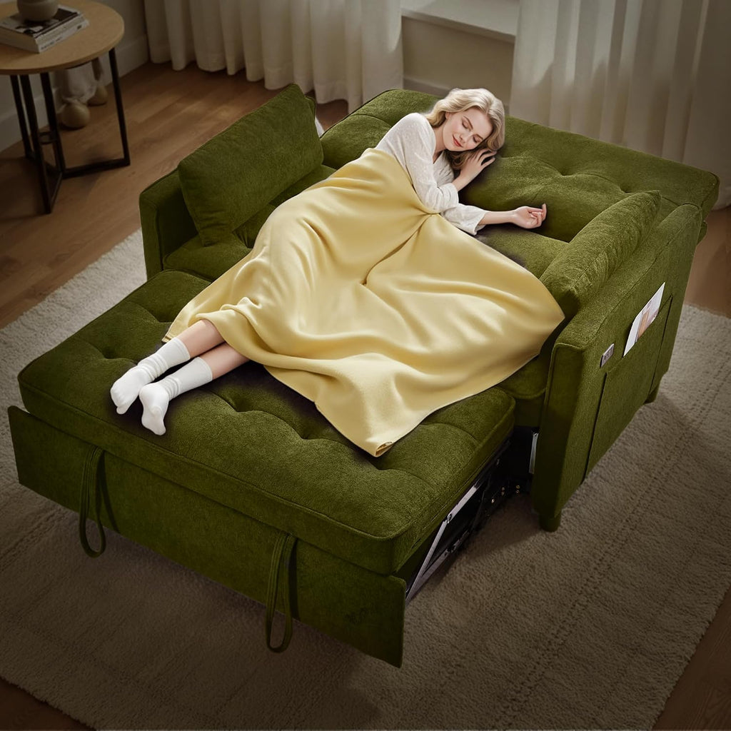 Convertible Sofa Bed, 3 in 1 Pull Out Couch, Loveseat Sleeper with Side Pocket, Living Room Sofa with Adjustable Backrest | USB Charging Port | Two Pillows | Fabric | Green Couch