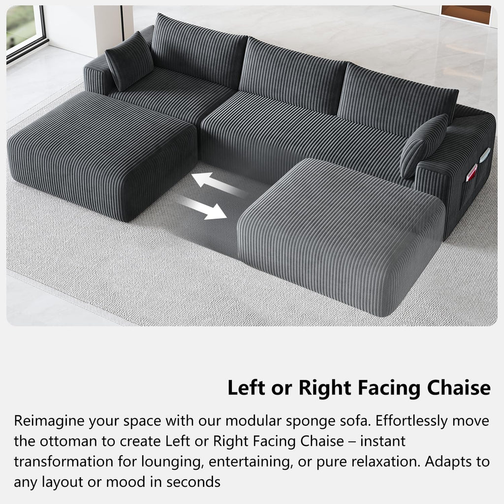 108' Cloud Couch Modular Sectional Sofa for Living Room,L Shaped Boneless Couch with Deep Seat Chaise,No Assembly Required Foam Sleeper Sofa for Apartments,Plush Corduroy Fabric, Dark Gray
