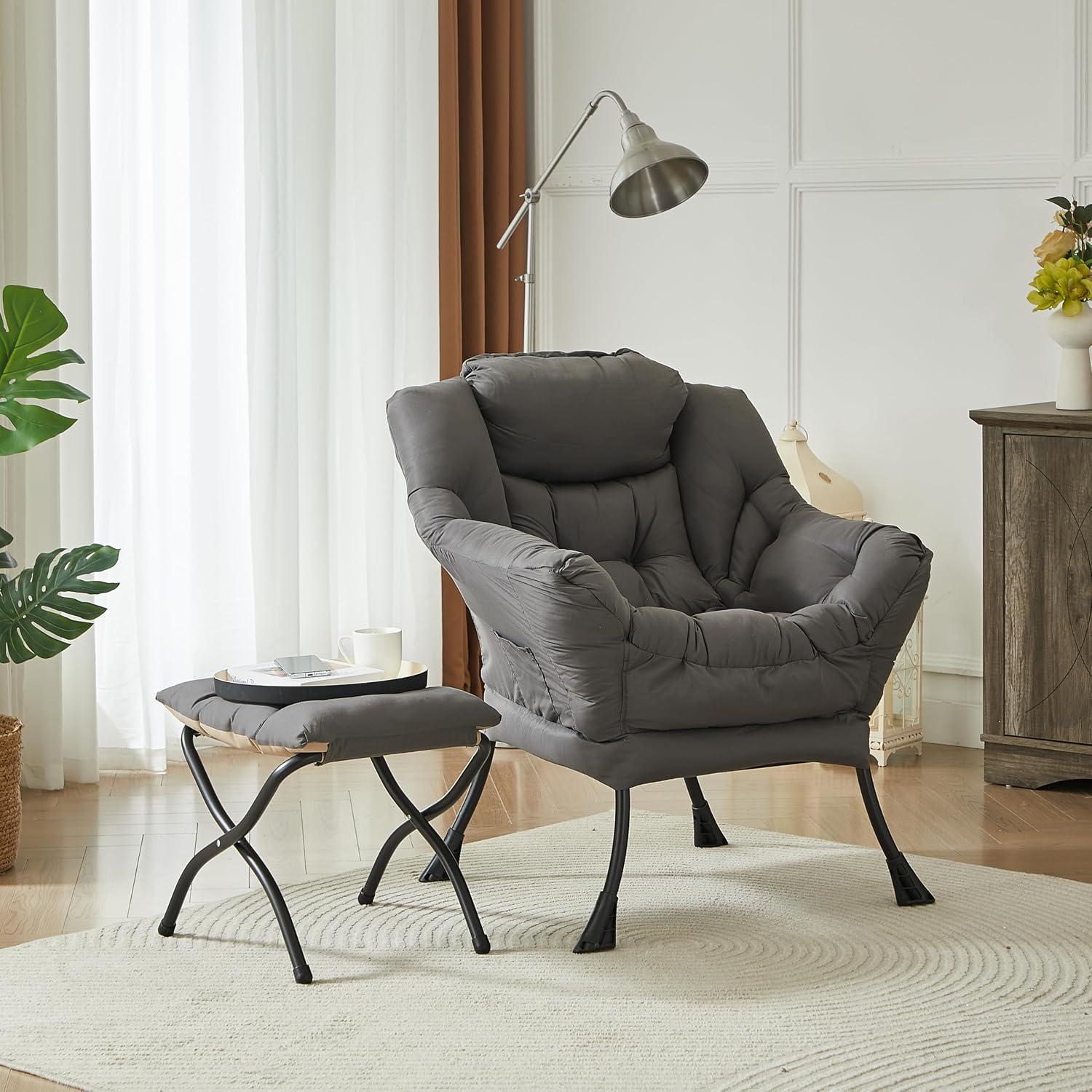 HollyHOME Lazy Chair with Foldable Ottoman, Accent Comfy Lounge Armchair and Folding Footrest Stool, Leisure Sofa Reading Chair and Footstool for Living Room, Bedroom, Dorm,Dark Grey