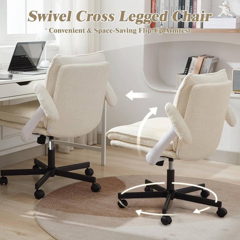 Kassipo Criss Cross Legged Office Chair with Wheels and Flip-Up Arms, Upholstered Criss Cross Desk Chair, Wide Seat Chairs for Home Office, Vanity, Apartment, Beige