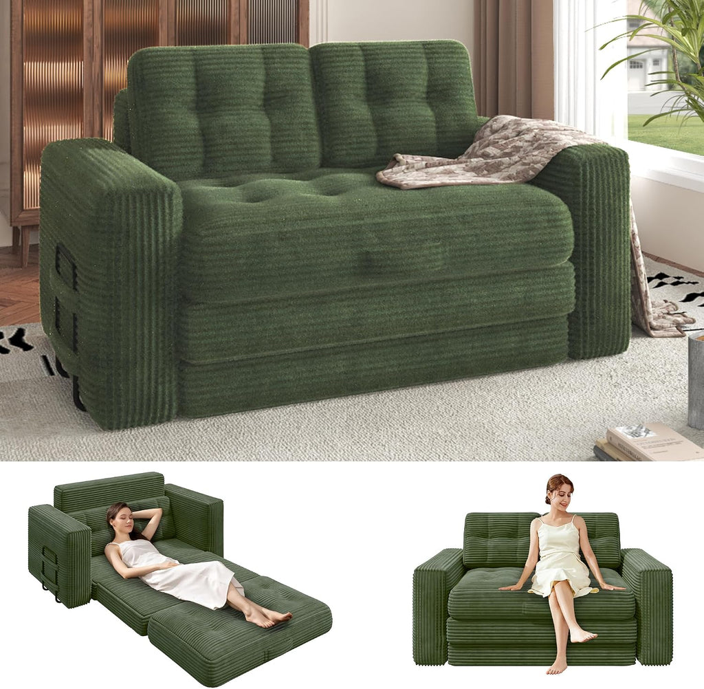 Convertible Sofa Bed, 2 in 1 Boneless Couch Bed with 2 Pillows, Corduroy Pull out Couch Folding Sofa Bed with Deep Seat, Small Loveseat Sleeper Sofa Bed in a Box for Small Spaces, No Assembly, Green