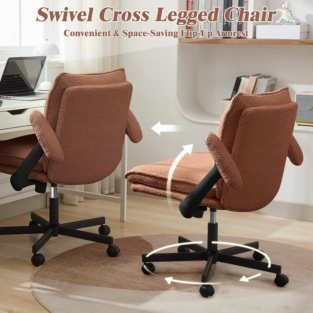 Kassipo Criss Cross Legged Office Chair with Wheels and Flip-Up Arms, Upholstered Criss Cross Desk Chair, Wide Seat Chairs for Home Office, Vanity, Apartment, Orange