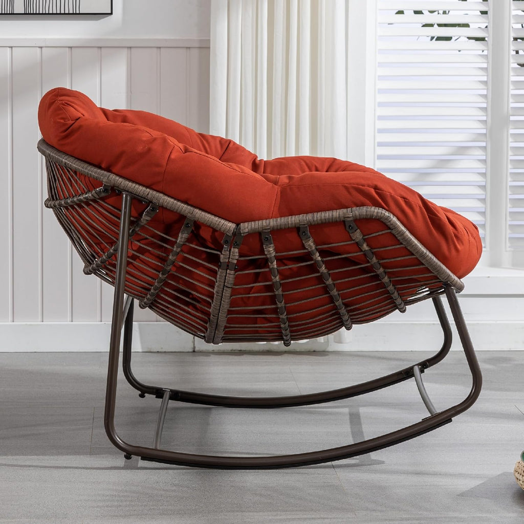 KEIKI Oversized Patio Lounge Chair-Outdoor Rattan Egg Reading Chair, Indoor Padded Cushion Papasan Rocking Chair W/Steel Frame, Porch Rocker Chairs Furniture for Garden Lawn, Orange Red Spun-polyester