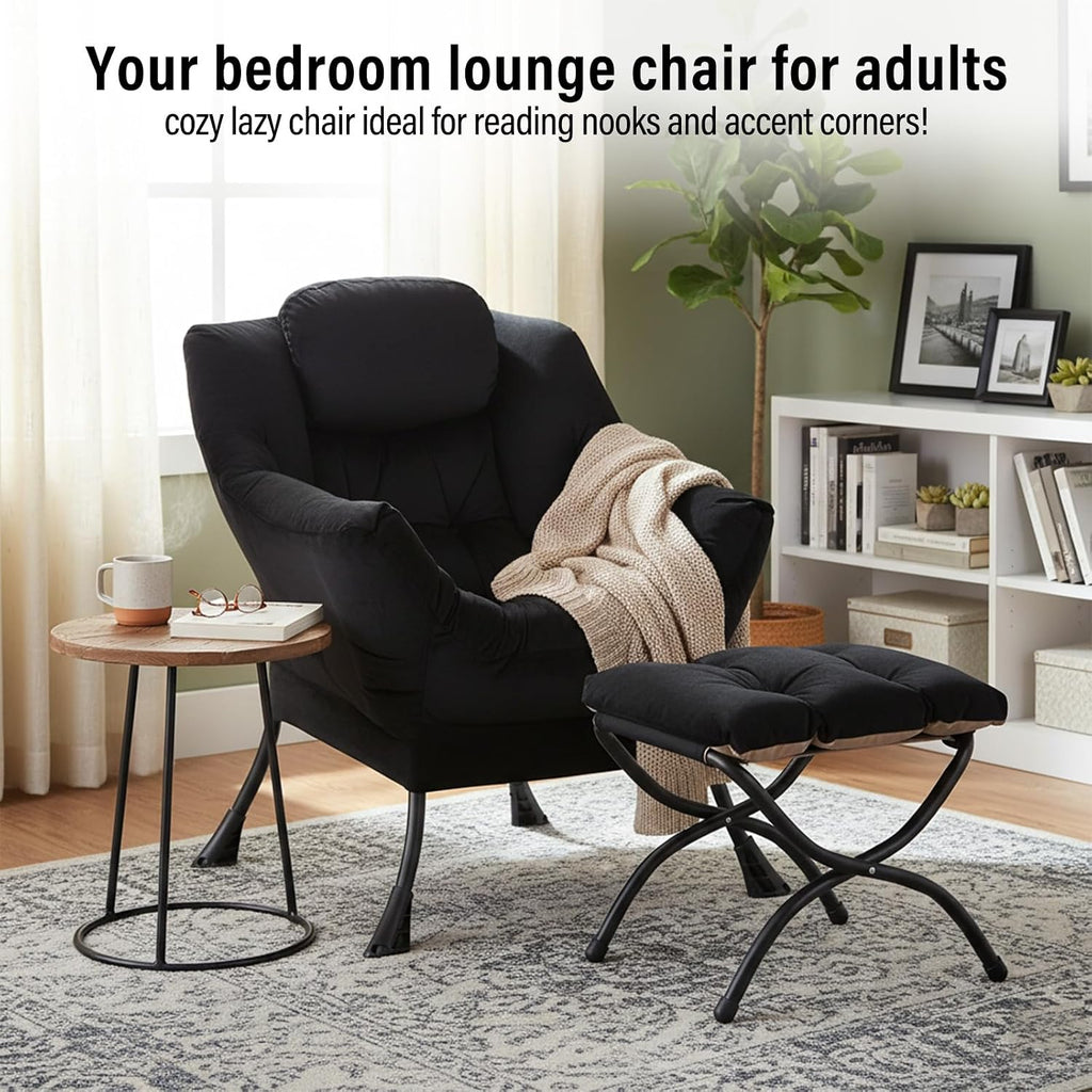 Furlide Lazy Chair with Ottoman, Modern Accent Chair with Armrests and a Side Pocket, Velvet Black Accent Chairs, Reading Chairs, Oversized Armchairs for Bedroom, Study, Living Room, Courtyard