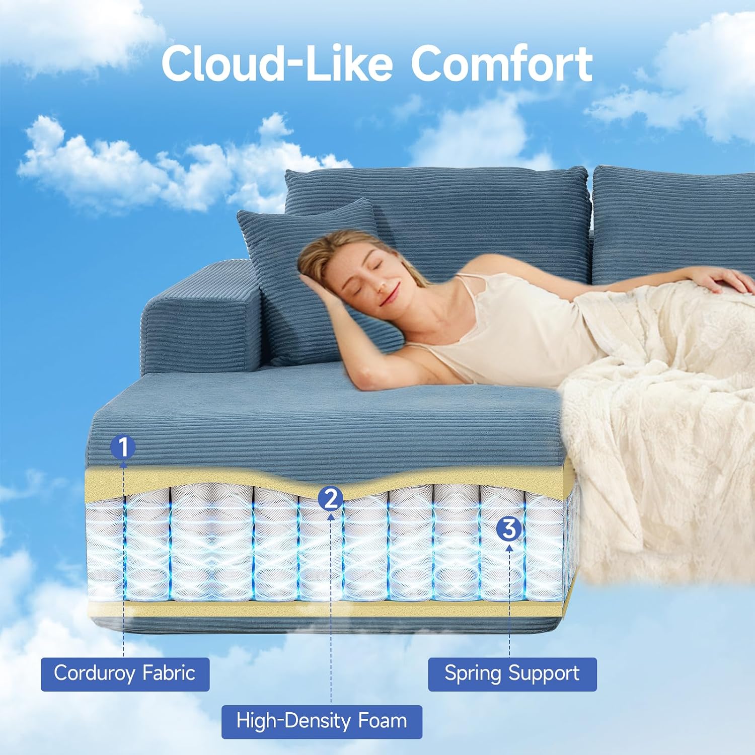 Brage Living 2025 New 108' Cloud Couch Sectional, Comfy Boneless Modular Sectional Sofa with L-Shaped Chaise, Deep Seat Couch for Living Room, No Assembly Required (Blue, Left Facing Chaise)