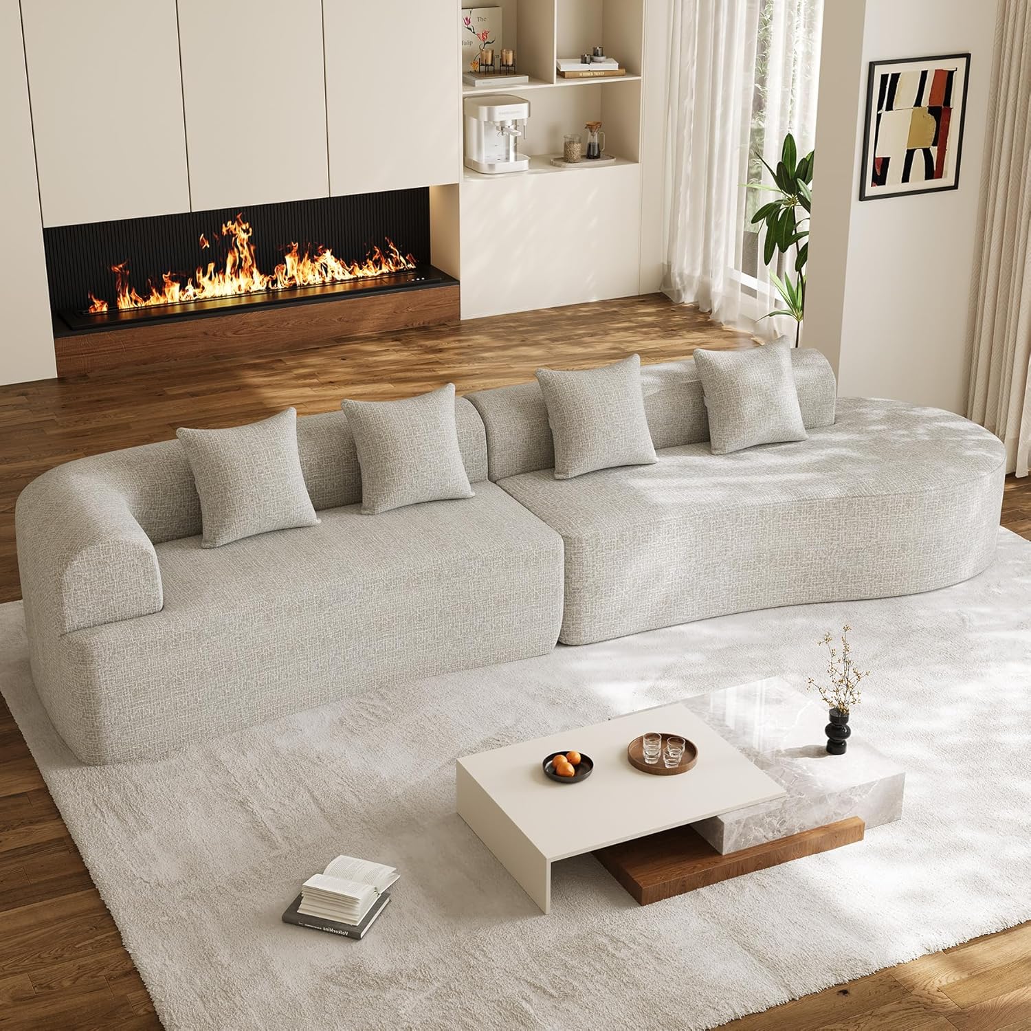 147' Oversized Sectional Sofa for Living Room, Modern Luxury Plush Chenille 4-Seater Extra Deep & Wide Seat Curved Cloud Couch with 4 Throw Pillows, No Assembly Needed, Light Grey
