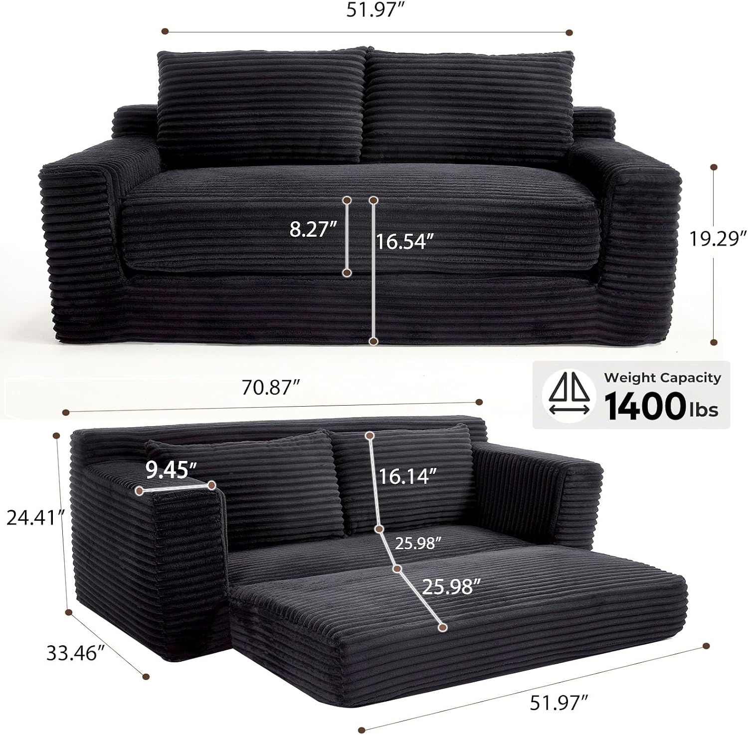 GNIXUU 71' Corduroy Cloud Loveseat Sofa, 2 in 1 Convertible Sleeper Sofa with Fixed-Shape Frame, Comfy Folding Boneless Love Seat Couches for Living Room, Apartment, Small Spaces Drak Grey