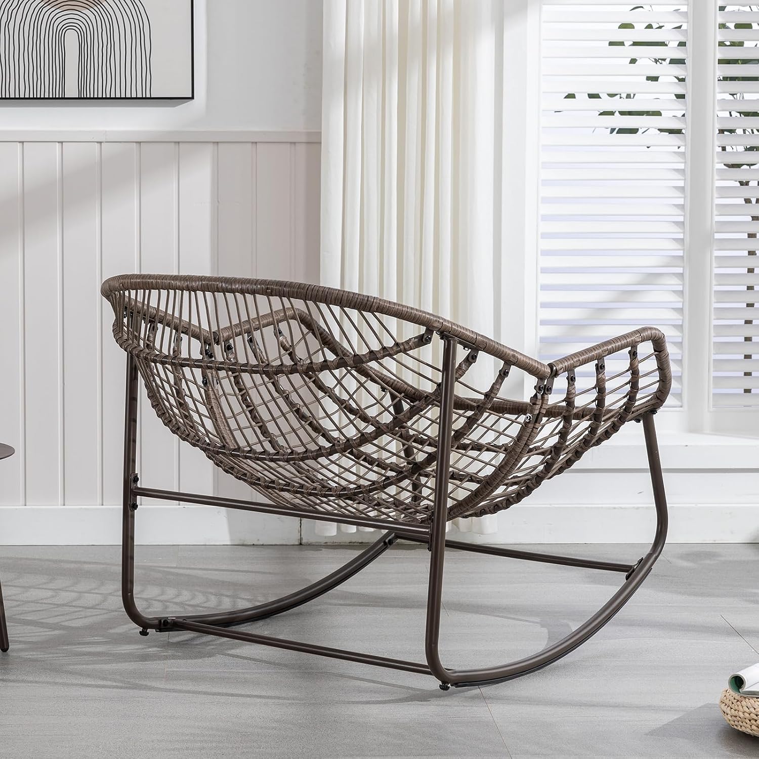JEEOHEY Papasan Rocking Chairs Outdoor Indoor, Oversized Rattan Rocker Patio Chair with Padded Cushion, Comfy Modern Indoor Egg Chair for Living Room, Bedroom, Porch, Garden, Balcony(Corduroy, Pink)
